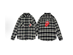 False Perception Tongue Logo Distressed Black Plaid Shirt