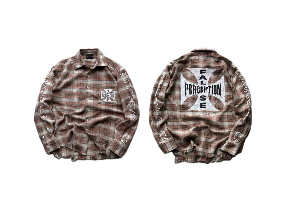 False Perception Cross Logo Frayed Hem Brown Plaid Shirt
