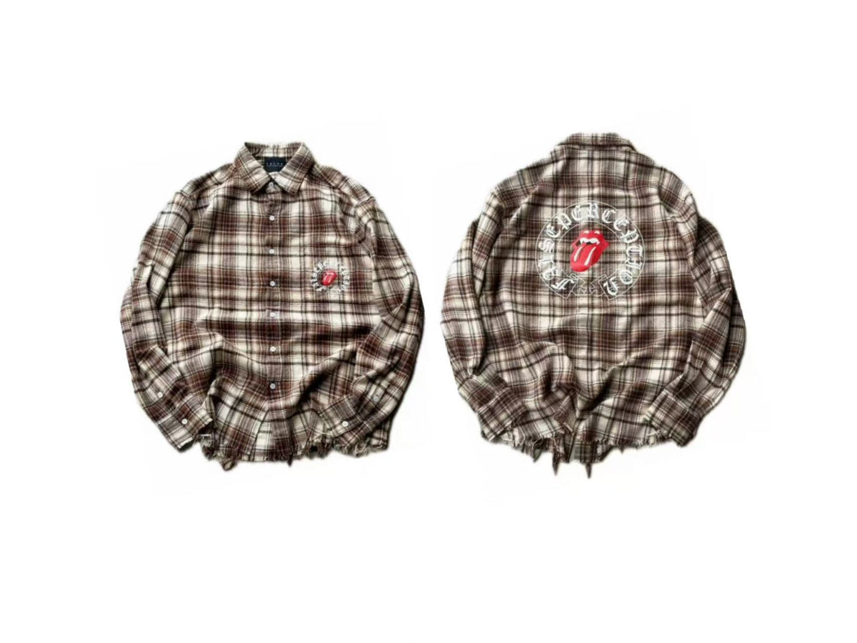 False Perception Rolling Tongue Distressed Plaid Long Sleeve Shirt