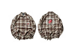 False Perception Rolling Tongue Distressed Plaid Long Sleeve Shirt