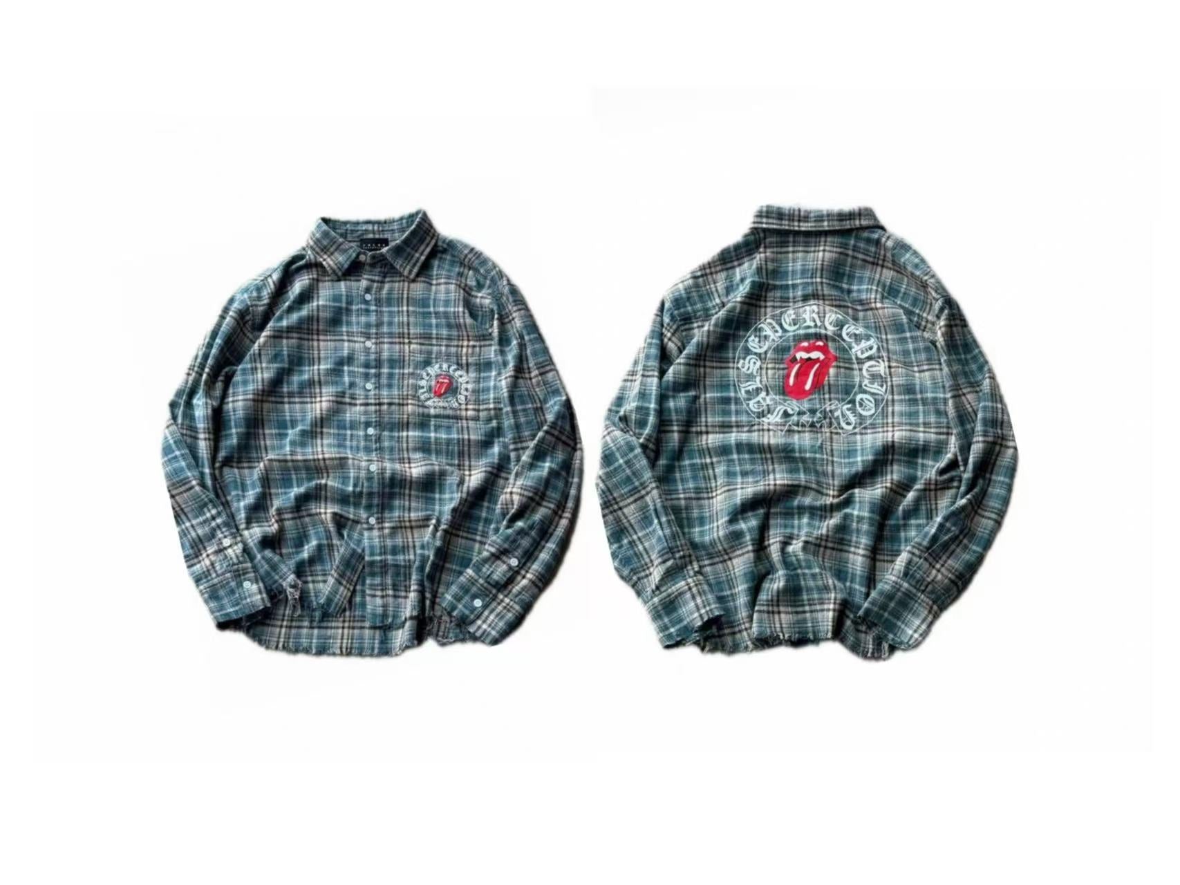 False Perception Tongue Graphic Raw Hem Plaid Shirt