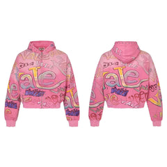 Vale Forever All-Over Vale Graffiti Print Vintage Wash Full-Zip Hoodie pink