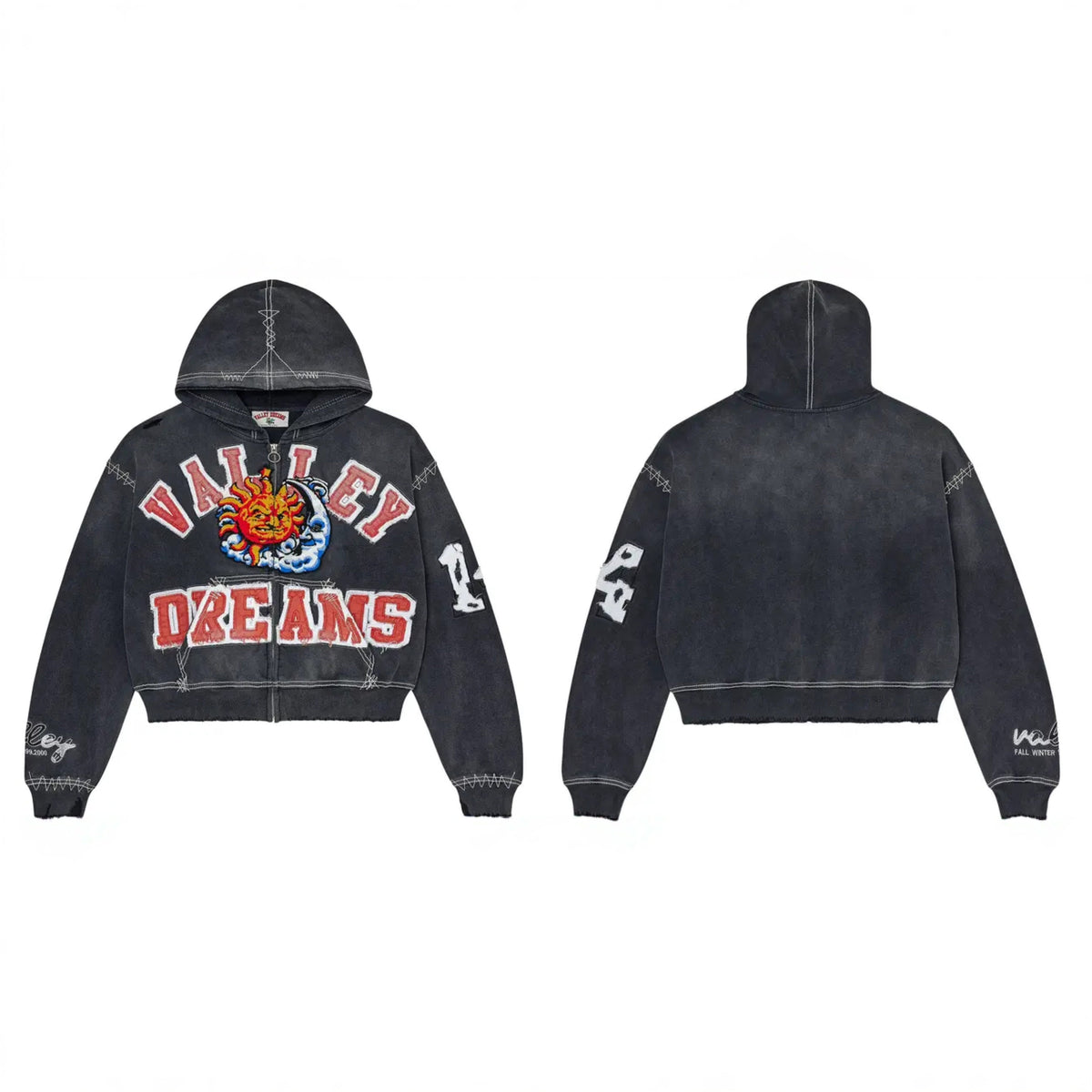 Vale Forever Valley Dreams Sun & Wave Graphic Vintage Wash Full-Zip Hoodie black
