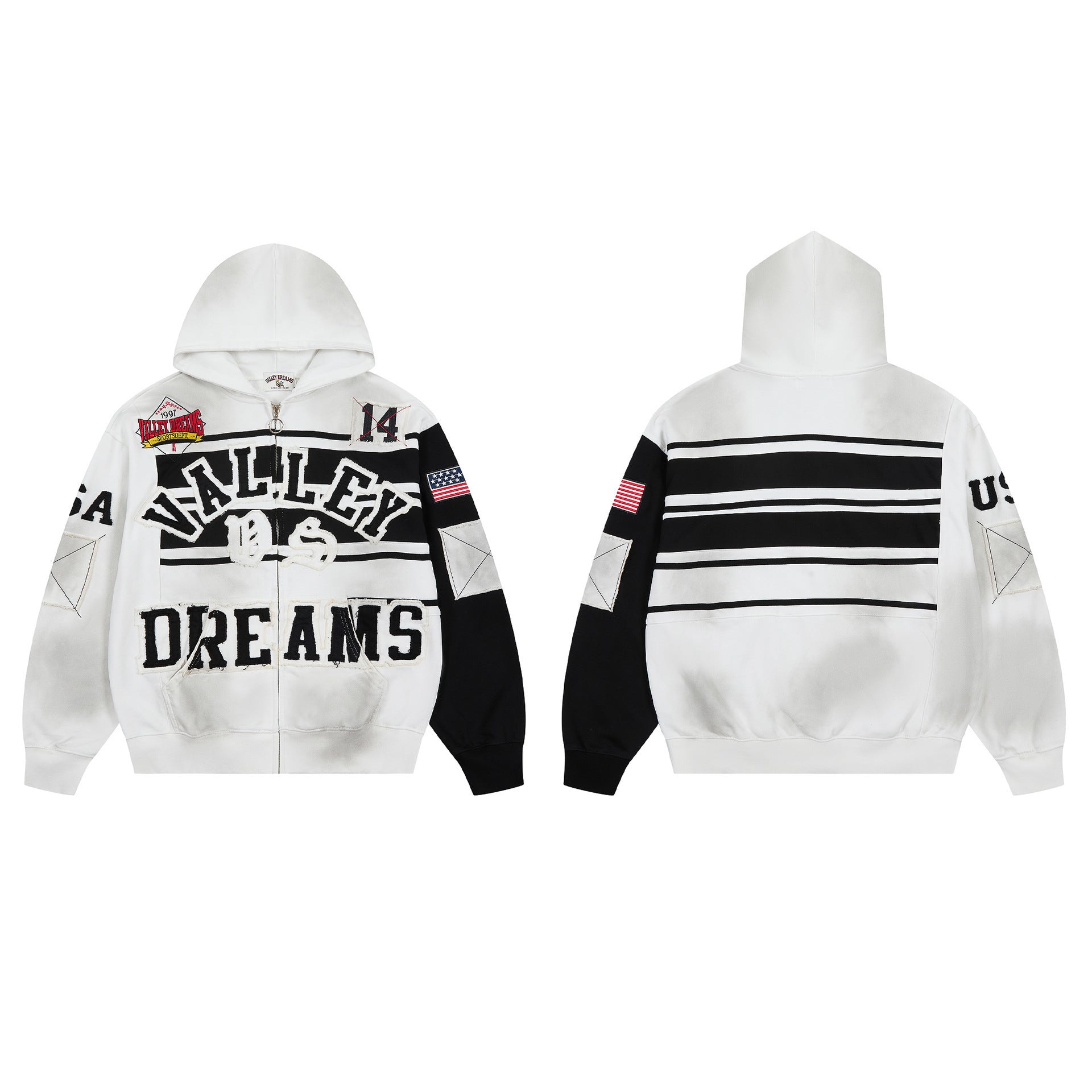 Vale Forever Valley Dreams Colorblock & Striped Vintage Full-Zip Hoodie white