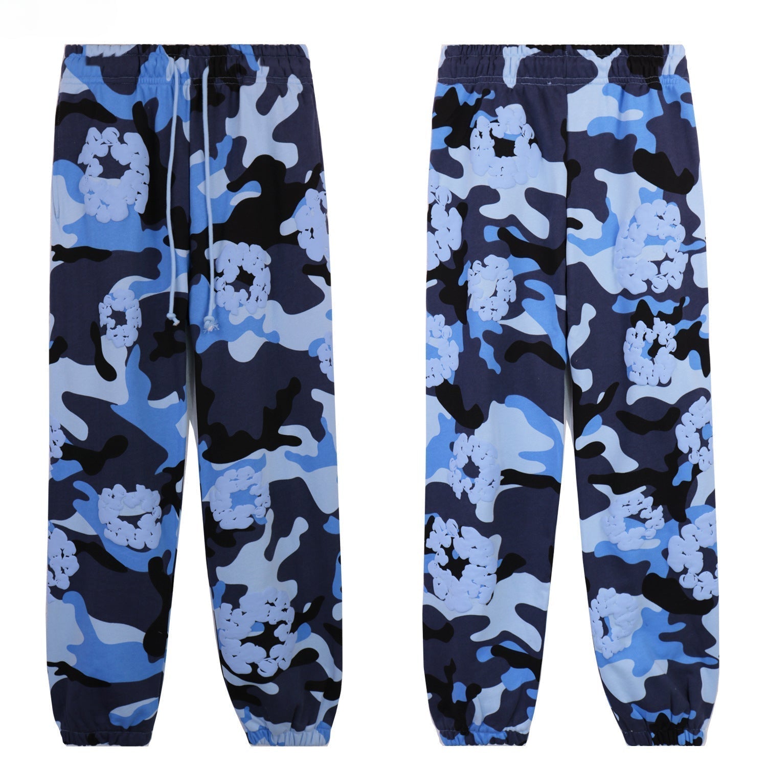 Denim Tears Navy Blue Camo Full Floral Print Cuffed Jogger Pants