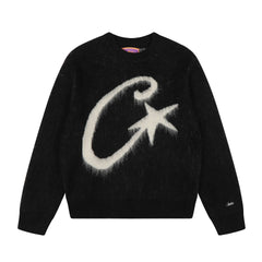 Corteiz C‑Star Fuzzy Jacquard Crew Neck Sweater- Black