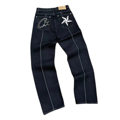 Corteiz C‑Star Embroidered Black Contrast Stitch Wide Leg Jeans