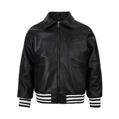 Corteiz Embossed Logo Black Leather Varsity Jacket