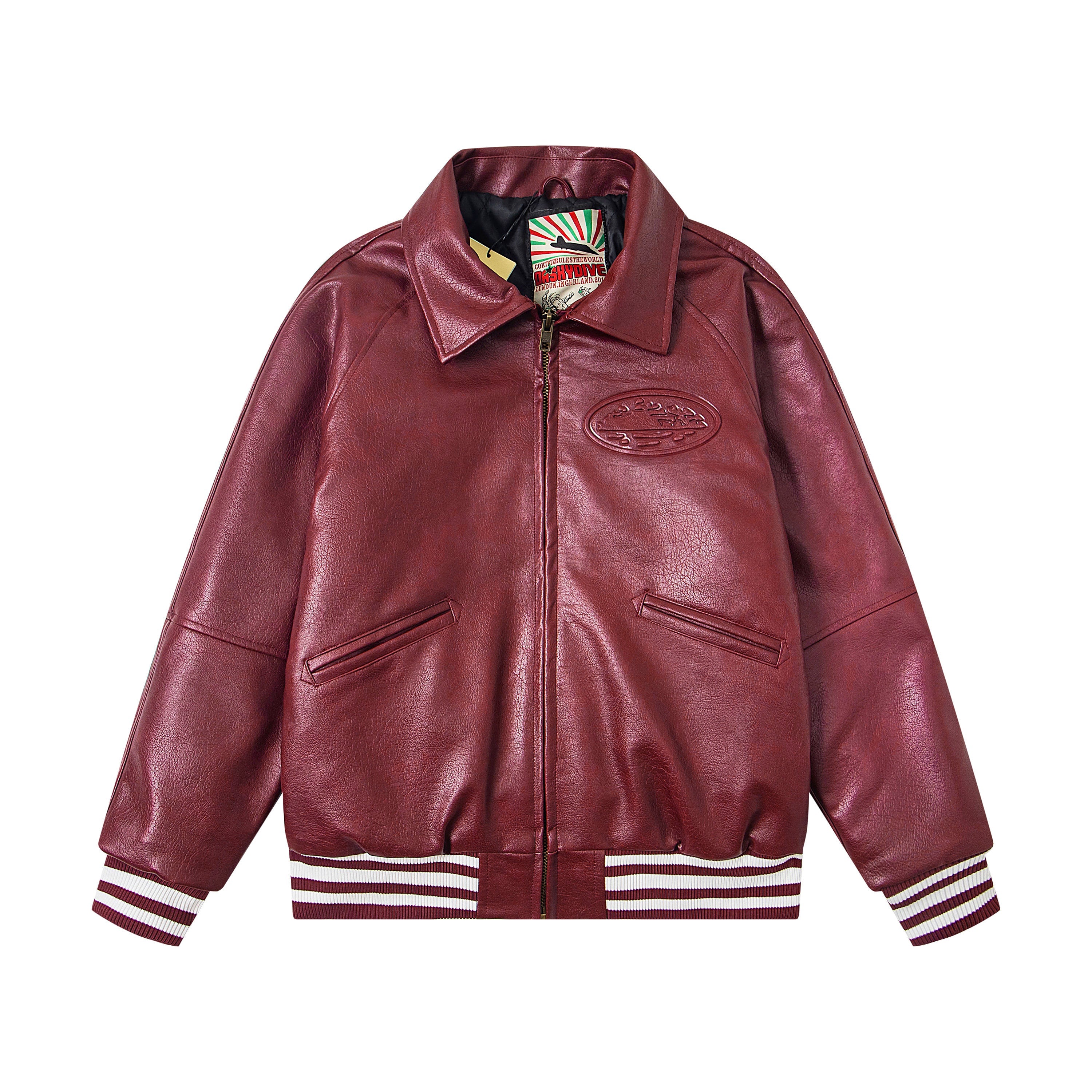 Corteiz Embossed Logo Burgundy Leather Varsity Jacket