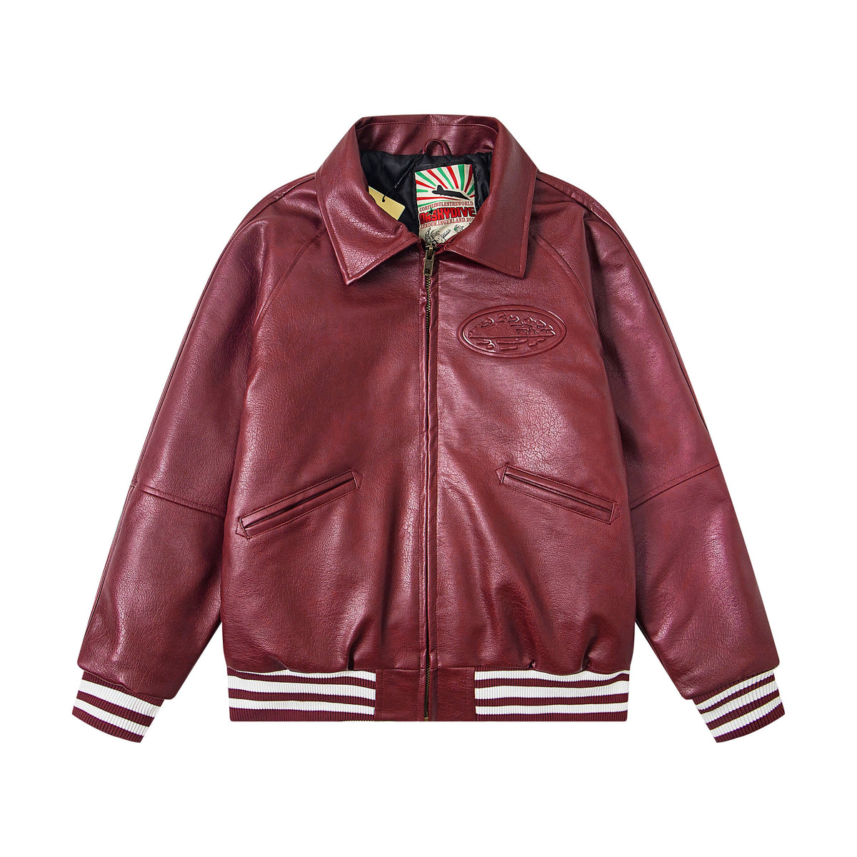 Corteiz Embossed Logo Burgundy Leather Varsity Jacket