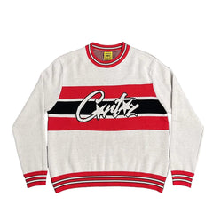 Corteiz Script Logo Striped White Knit Crewneck Sweater