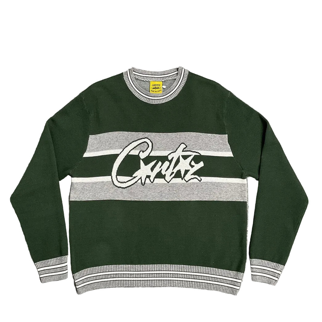 Corteiz Script Logo Striped Dark Green Knit Crewneck Sweater