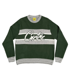 Corteiz Script Logo Striped Dark Green Knit Crewneck Sweater
