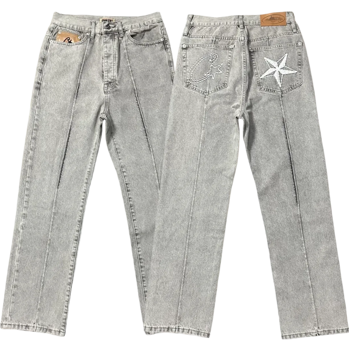 Corteiz C‑Star Embroidered Grey Washed Wide Leg Jeans