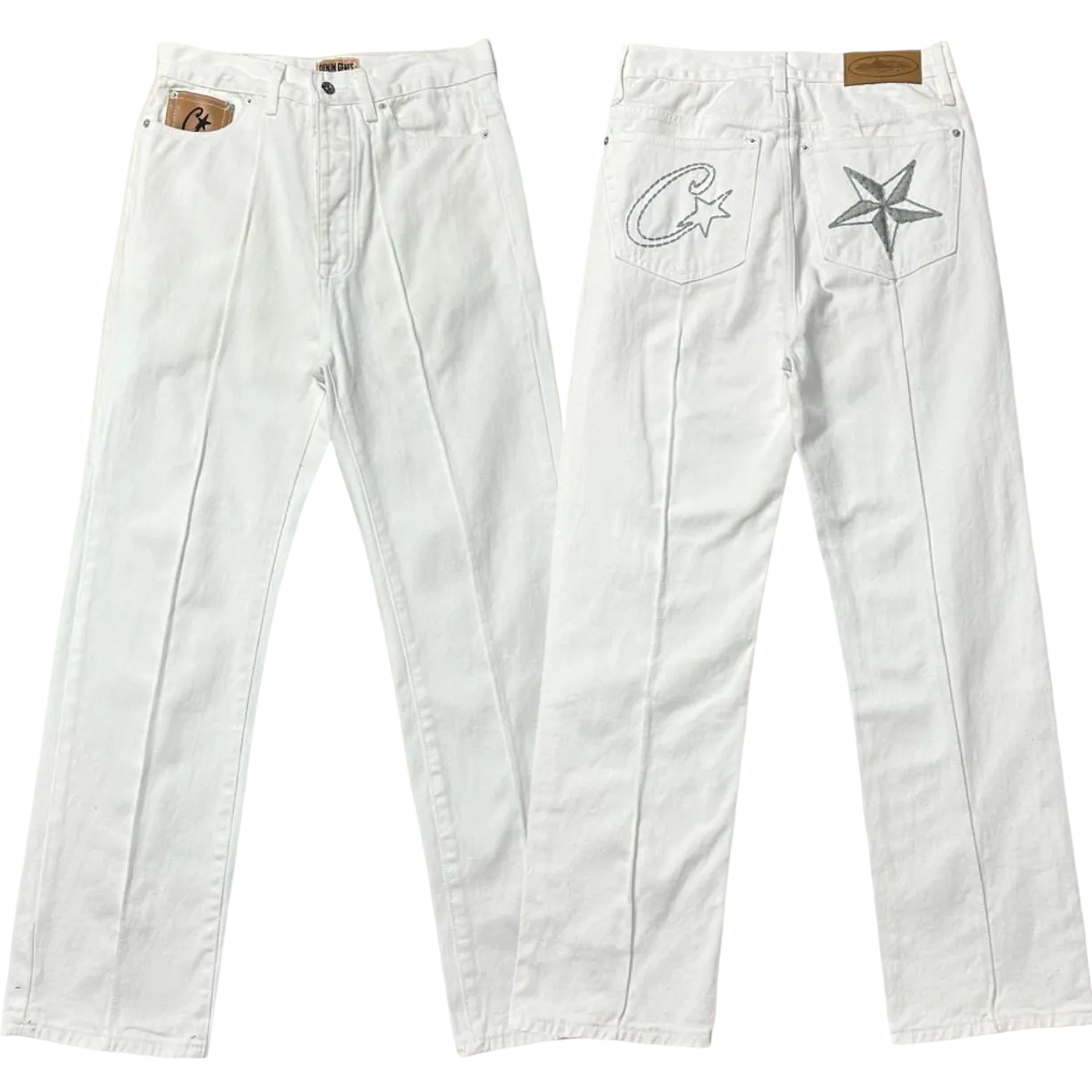 Corteiz C‑Star Embroidered White Wide Leg Denim Jeans