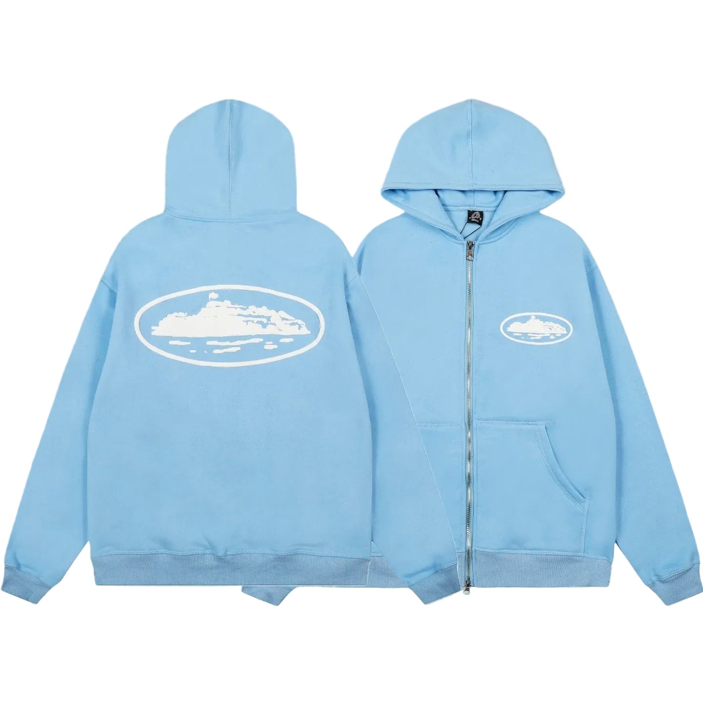 Corteiz Oval Island Logo Full‑Zip Light Blue Hooded Jacket